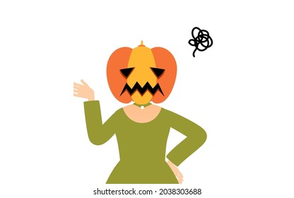 Halloween costume, a girl in a pumpkin ghost costume poses with her hands on her hips in distress
