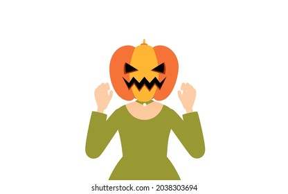 Halloween costume, a girl in a pumpkin ghost costume poses with her hands in the air