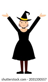 Halloween costume, girl in witch pose with arms raised