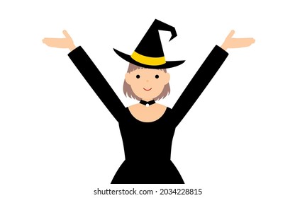Halloween costume, girl in witch pose with arms raised