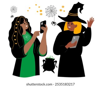 Halloween Costume. Girls Taking Photo on Phone in Halloween Costume. Witch costume. Spider Wizard robe Costume. Vector illustration