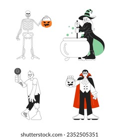 Ideas de disfraces de Halloween monocromo concepto vectorial spot de ilustración conjunto. Monstruos de personajes de dibujos animados planos 2D para diseño de interfaz de usuario web. Truco tratar aislado edición manual de imagen de héroe