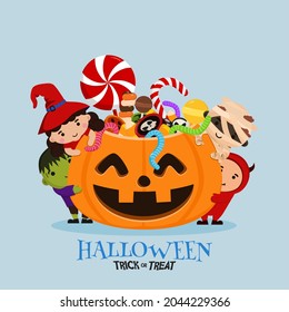 Halloween costume kids with big bucket pumpkin full of candies on light blue background. Trick or treat festival in october . Vector Illustration invitation postcard , poster template. Flat design 