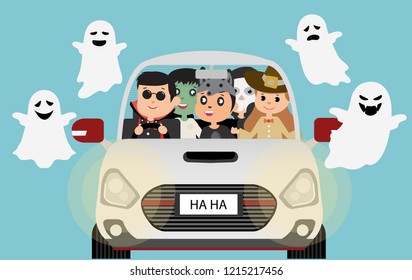Halloween Costume Kids. In Car At Night, Ghost. Flat Design