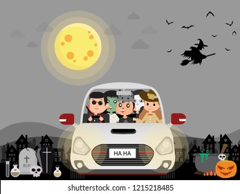Halloween Costume Kids. In Car At Night, Ghost, Dark City. Flat Design
