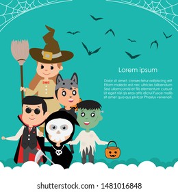 Halloween costume kids. Green template background