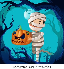 Halloween costume kids. Little mummy boy holding Pumpkin. Autumn tree scene. Child halloween character cartoon. 