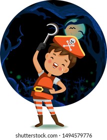 Halloween costume kids. Pirate boy smiling. Child halloween character cartoon.  Vector illustration isolated.
