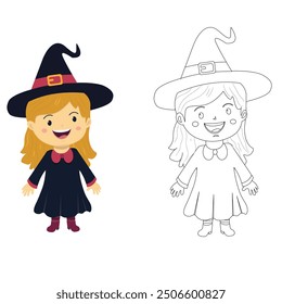 Disfraz de Halloween de niña como Clipart bruja y páginas para colorear 