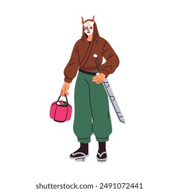 Halloween costume, man disguised as Japanese samurai character. Horned demon, Asian devil mask. Creepy Japan traditional outfit for Helloween. Flat vector illustration isolated on white background