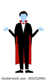 Halloween costume, a man dressed as a vampire poses with his arms outstretched