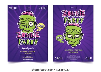 Halloween costume party a4 invitation concept. Funny cartoon zomby face on lilac background. Zombie party colorful poster. Applicable for flyer,poster, banner. Vector illustration.