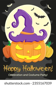 Halloween Costume Party and Celebration announce poster with Jack O Lantern pumpkin, full moon and flying bats.