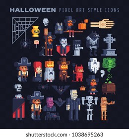 Halloween costume party characters icons set, greeting card or invitation design elements pixel art style isolated vector illustration cartoon children kids characters creatures, video game sprite.