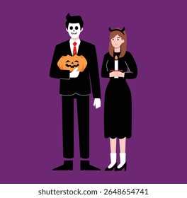 Halloween costume party with characters in spooky outfits illustration. Halloween Costume Party Vector Illustration