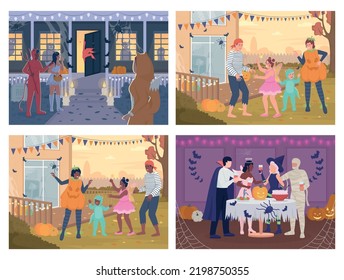 Halloween costume party flat color vector illustration set. People having fun. Masquerade. Fully editable 2D simple cartoon characters with spooky decorations on background collection