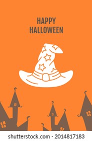 Halloween costume party greeting card with glyph icon element. Creative simple postcard vector design. Decorative invitation with minimal illustration. Creative banner with celebratory text