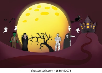 Halloween Costume Party. Group of kids in Halloween costume in the moonlight. Vector illustration EPS10.