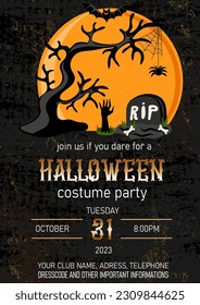 Halloween costume party invitation with scary tree, cemetery and flying bat on moon background. Holiday design template. Vector illustration