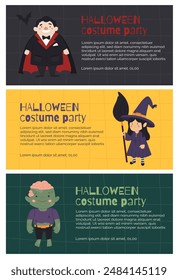 Halloween Costume Party Invitations with Cute Characters zombie, witch, vampire