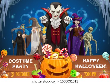 Halloween costume party vector invitation. Pumpkins with horror night trick or treat candies, witch, vampire and death skeleton with scythe, mummy and evil wizard with black magic staff, potion