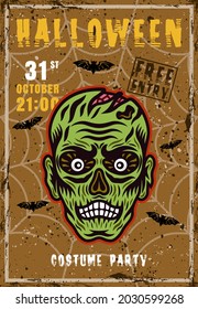 Halloween costume party vector invitation poster with zombie head. Vintage illustration with grunge textures and sample text on separate layers