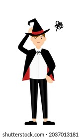 Halloween Costume, Pose of a boy in wizard costume with his hands on his head in distress