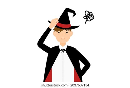Halloween Costume, Pose of a boy in wizard costume with his hands on his head in distress