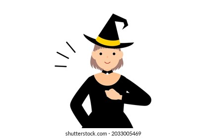 Halloween costume, pose of a girl dressed as a witch beating her chest