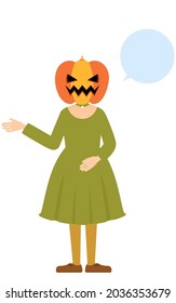 Halloween costume, pose of a girl in a pumpkin ghost costume talking with her right hand out (with speech bubble)