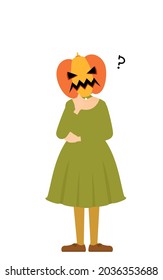 Halloween costume, pose of a girl in a pumpkin ghost costume folding her arms and worrying