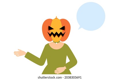 Halloween costume, pose of a girl in a pumpkin ghost costume talking with her right hand out (with speech bubble)