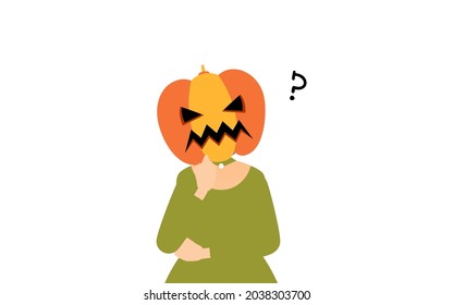 Halloween costume, pose of a girl in a pumpkin ghost costume folding her arms and worrying