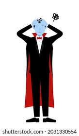 Halloween costume, pose of a man dressed as a vampire with his head in trouble