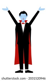 Halloween costume, pose of a man dressed as a vampire raising his arms