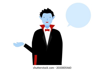 Halloween costume, pose of a man dressed as a vampire talking with his right hand out (with speech bubble)