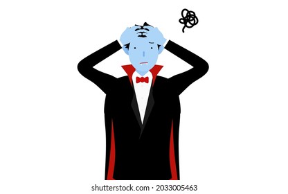 Halloween costume, pose of a man dressed as a vampire with his head in trouble