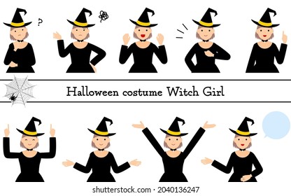 Halloween costume, pose set of a girl in a witch costume - talking, worrying, pointing, etc.