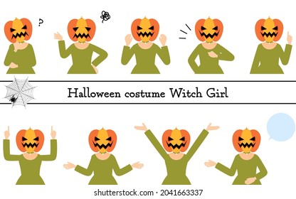Halloween costume, pose set of a girl in a pumpkin ghost costume - talking, worrying, pointing, etc.
