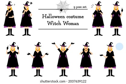 Halloween costume, pose set of a woman in a witch costume - talking, worrying, pointing, etc.