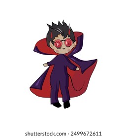 Halloween costume of a scary little devil in a cloak and red glasses with horns