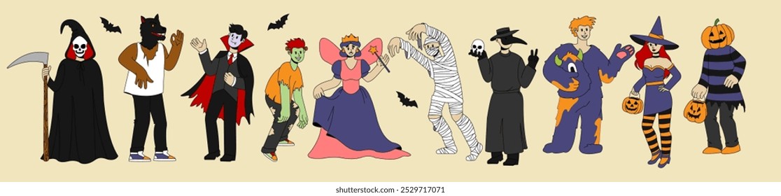 Disfraz de Halloween. Esqueleto, zombi espeluznante, monstruo, bruja linda y momia. Fiesta de otoño Masquerade celebración de personas. Carnaval de Festiva para mujer y hombre. Ilustración aislada plana de dibujos animados de Vector