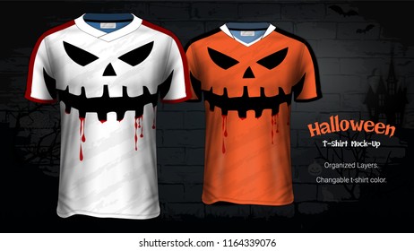 Halloween Costume T-Shirts Mockup Template, Soccer Jersey Uniforms & Custom Apparel for Everyone Including Sportswear and Souvenirs and it is Fully Customization for Scary Festivals Ideas Concept.