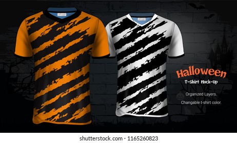 Halloween Costume T-Shirts Mockup Template, Soccer Jersey Uniforms & Custom Apparel for Everyone Including Sportswear and Souvenirs and it is Fully Customization for Scary Festivals Ideas Concept.