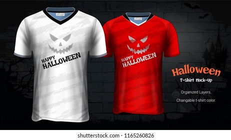 Halloween Costume T-Shirts Mockup Template, Soccer Jersey Uniforms & Custom Apparel for Everyone Including Sportswear and Souvenirs and it is Fully Customization for Scary Festivals Ideas Concept.