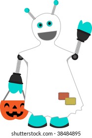 Halloween Costume Wearing Robot happily wearing ghostly sheet trick_or_treating