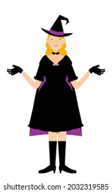 Halloween costume, woman dressed as a witch spreading her arms