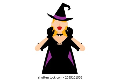Halloween costume, woman dressed as a witch holding her hands in a surprising pose