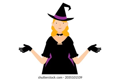 Halloween costume, woman dressed as a witch spreading her arms
