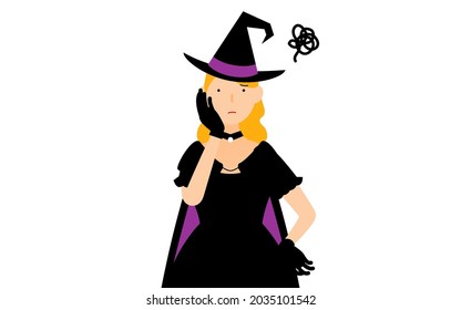 Halloween costume, a woman dressed as a witch poses with her hands on her cheeks in distress